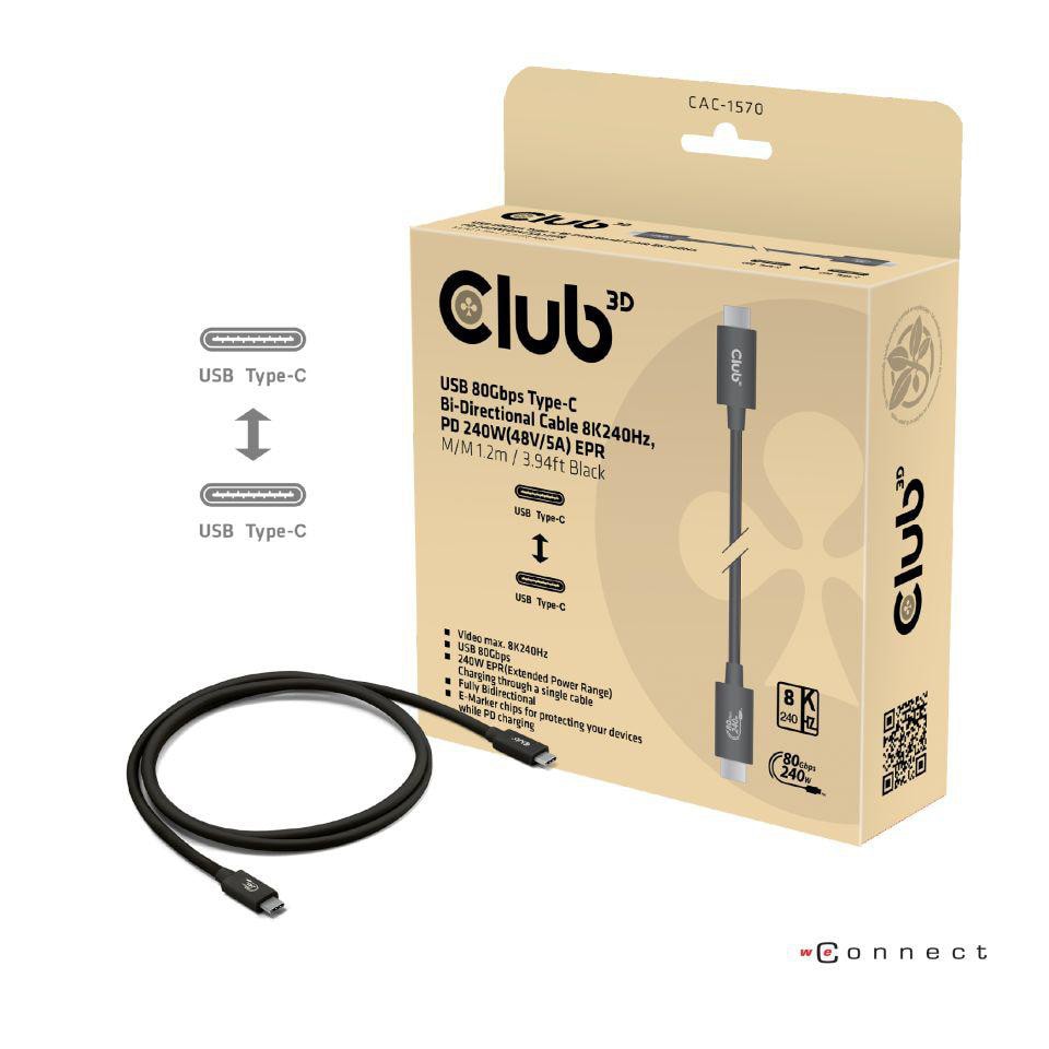 Club 3D Typ-C zu Typ-C Kabel 80Gbps Zertifiziertes 240W 8K240Hz 1.2m schwarz