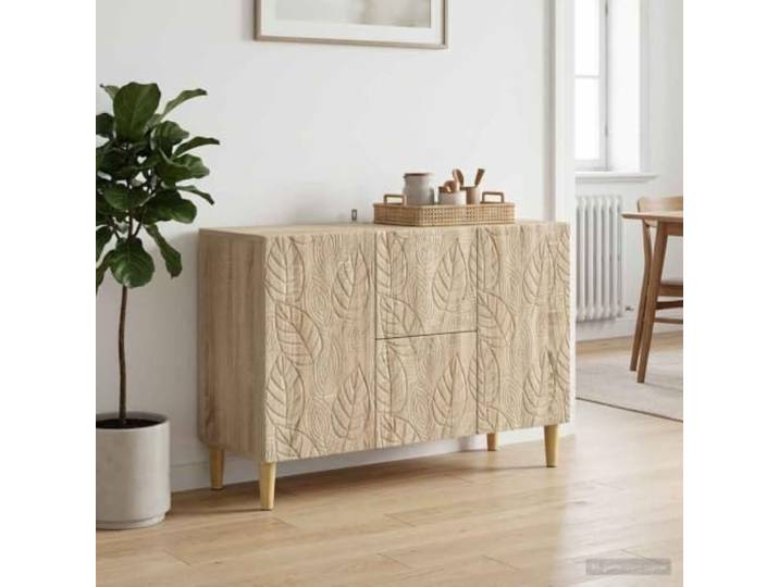 KTHLBRH Sideboard mit Schubladen und Türen, Sonoma-Eiche, 89 x 34,5 x 60 cm Technisches Holz, 2 Einlegeböden, 2 Türen, Beine aus Eukalyptus, viel Stauraum, einfache Wartung