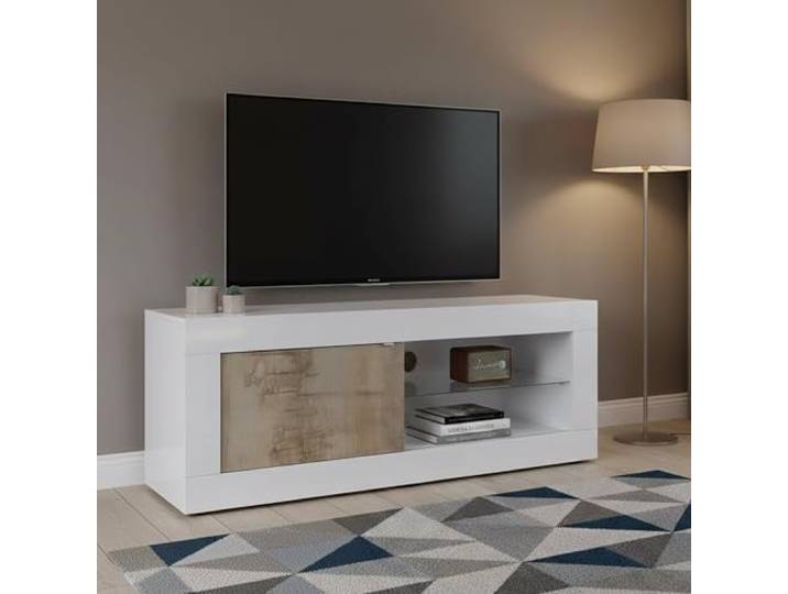Dmora - Fernsehschrank Lesina, Ständer für Wohnzimmerfernseher, Niedriges Wohnzimmer-Sideboard, TV-Ständerbasis, Made in Italy, 140x43 h56 cm, Weiß und Akazie
