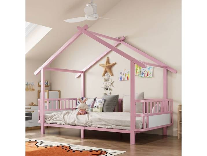 Lit enfant - WESTYLE - Forme maison - 90 x 200 cm - Cadre métal - Coloris rose