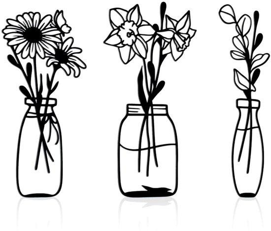 Benza Metalen Wanddecoratie Set met Grafische Bloemen, 3-delig, Zwart