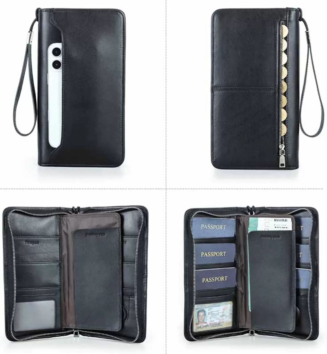 INF Schwarze PU-Leder Reisebrieftasche - RFID-Blockierender Reisepasshalter mit Airtag-Fach