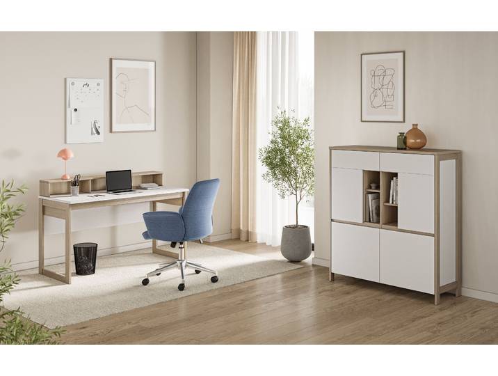Büromöbel-Set HOME AFFAIRE Stranda im Scandi-Style, Home Office, Büro in zwei Farben verfügbar , braun (weiß skandi eiche), Holzwerkstoff, Arbeitsmöbel-Sets, Büromöbel-Set, enthält Schreibtisch, Highboard