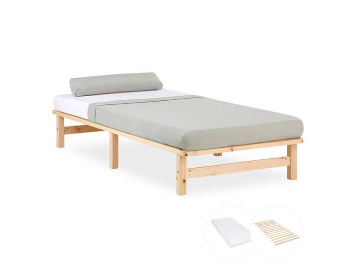 Lit simple - HOMESTYLE4U - 3045 - 90x200 cm - Bois naturel - Sommier et matelas inclus