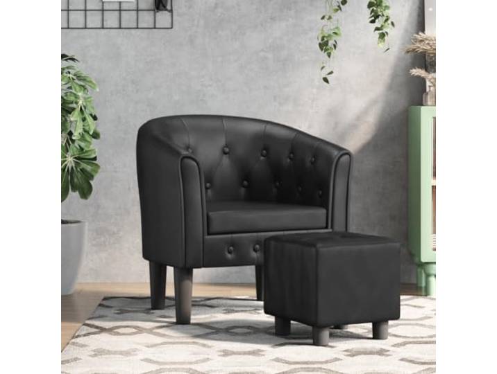 HEFZGDB Moderner Clubsessel mit Fußhocker Schwarz Kunstleder PU-Leder Knopfheftung für Wohnzimmer Büro Elegant Bequem Schmutzabweisend Strapazierfähig Stabil