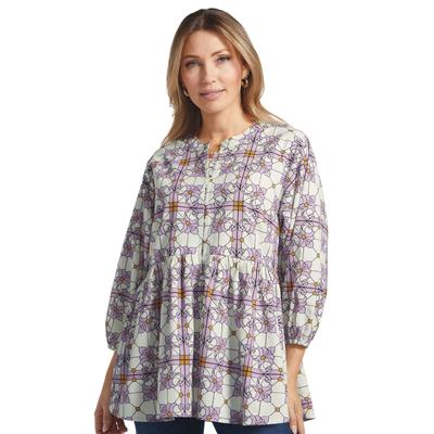 Masseys Tuscany Woven Tunic (Size Medium) Lilac/Cream Mosaic, Cotton
