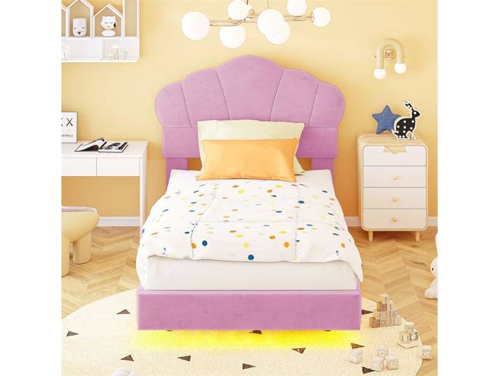 DRIPEX Lit enfant 90×200cm avec barre de LED tête de lit en forme de nuage Lit simple en tissu velours Rose