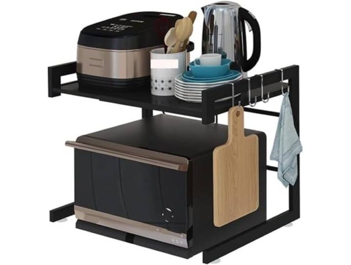 CVdrtyED Mikrowellenregal Verstellbarer Mikrowellenständer, Ausziehbares Mikrowellenregal, Küchenthekenregal, Mit 3 Haken Küchenregal Stehend(Black)