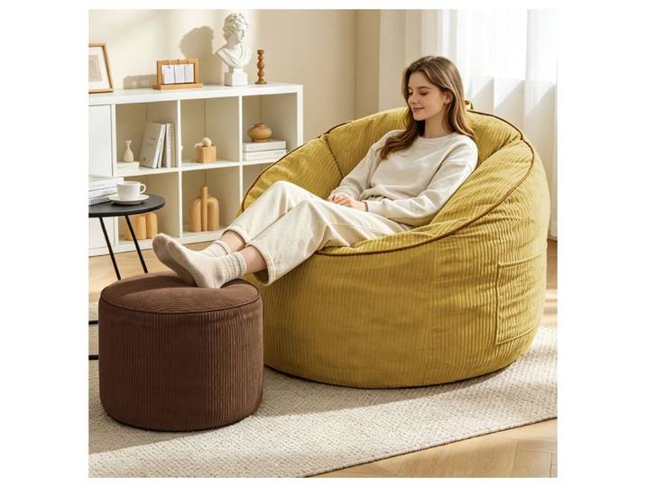 Fauteuil relax salon Pouf avec Repose-Pieds Cylindrique et Poche Latérale Détachable Jaune