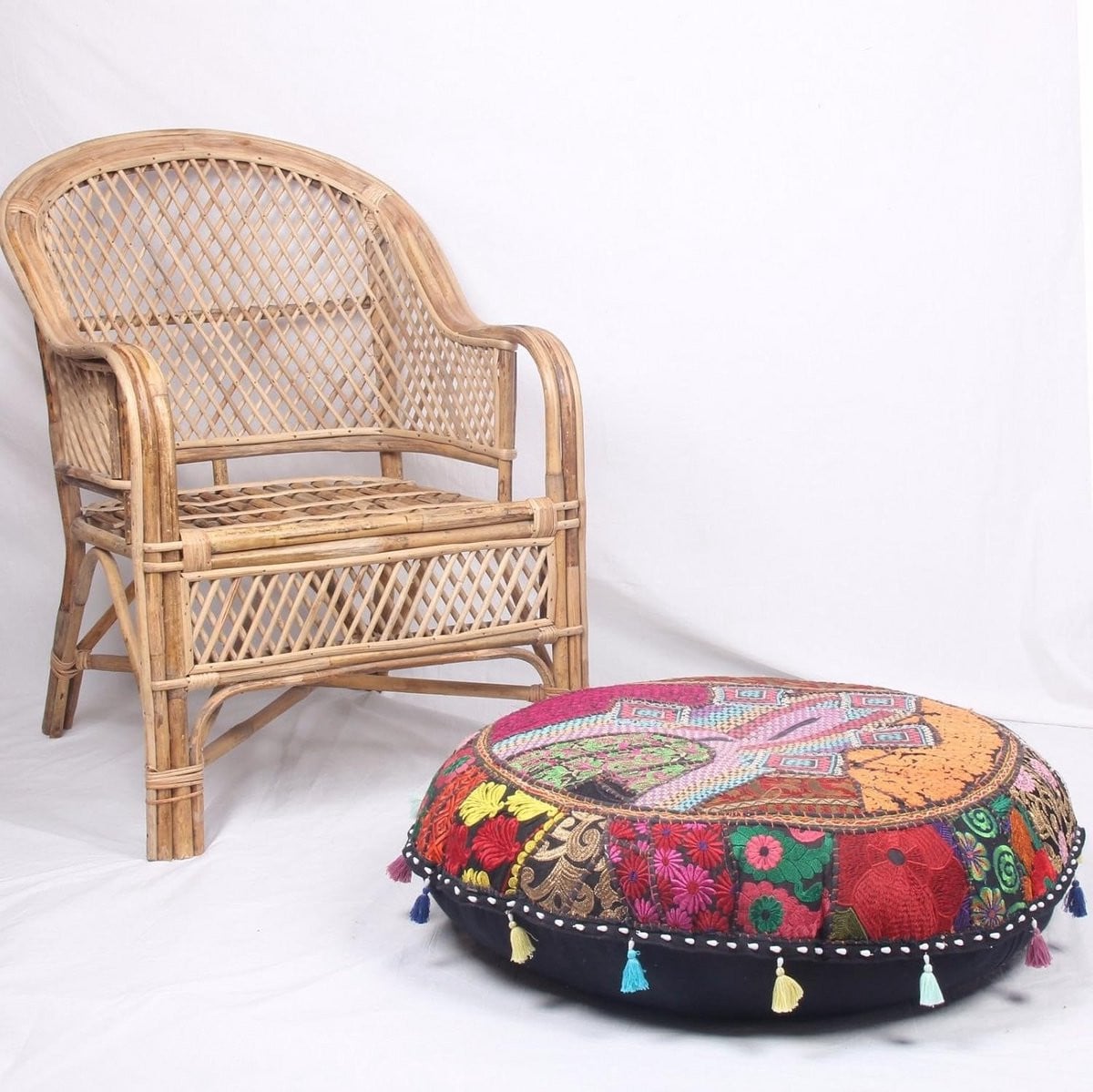 Ronde Patchwork Vloerkussen Poef in Indiase Vintage Stijl