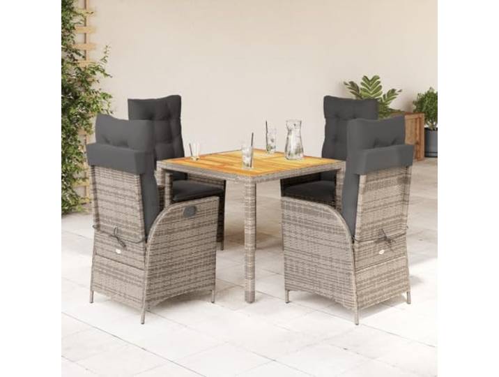 LPERTGFHU 5-TLG. Garten-Essgruppe, Poly Rattan Tisch, Esszimmerstühle Grau Inklusive verstellbarer Rückenlehne, Bequeme Sitzkissen, Akazienholz Tischplatte