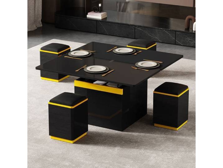 Table Basse Moderne Noire Brillante Table d'appoint élégante Table de Salon Multifonctionnelle Réglable en Hauteur 100x50x43cm