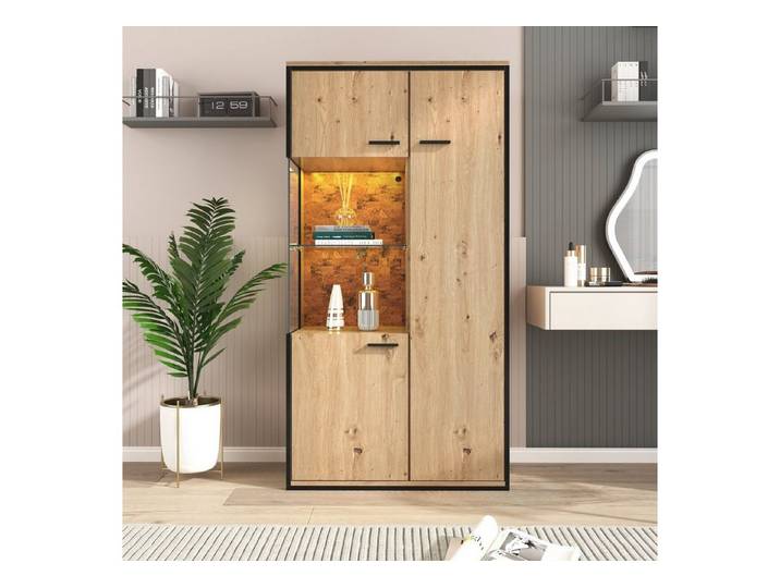 Celya Sideboard Moderne Vitrine mit LED-Beleuchtung, 150Hx78Bx40Tcm, Schaukasten Schrank mit Beleuchtung