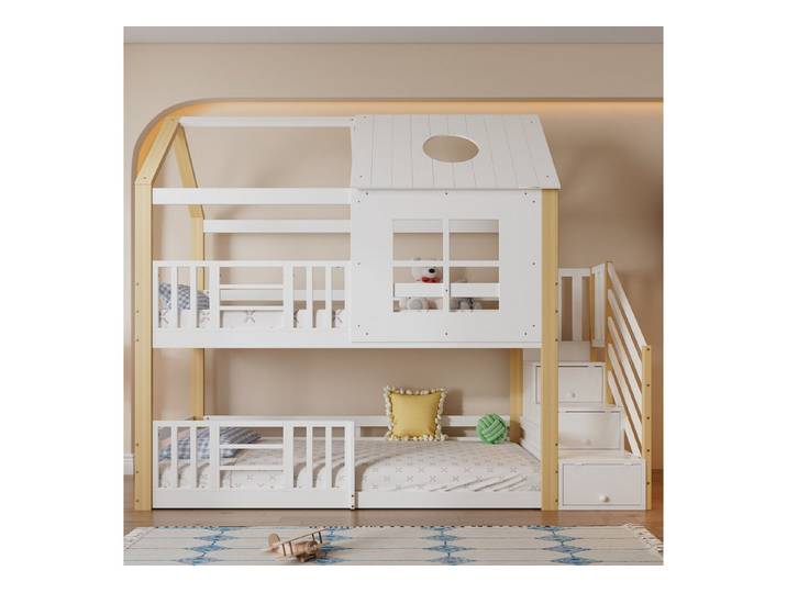 Flieks Etagenbett, Massivholz Hausbett Kinderbett 90x200cm mit Stauraumtreppe