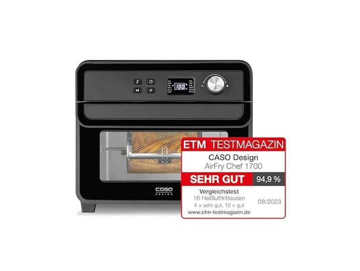 CASO AirFry Chef 1700 - Design Heissluftfritteuse, Testurteil: Sehr Gut, direkt startbereit ohne Aufheizen, 3 Einschubebenen, Temperaturbereich 40 °C bis 230 °C (5°C Schritten), Timer, 1700 Watt