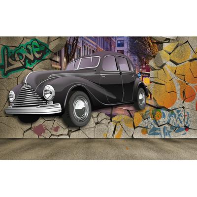 Fototapete PAPERMOON "Auto durch Mauer", bunt, B:5m L:2,8m, Vlies, Tapeten