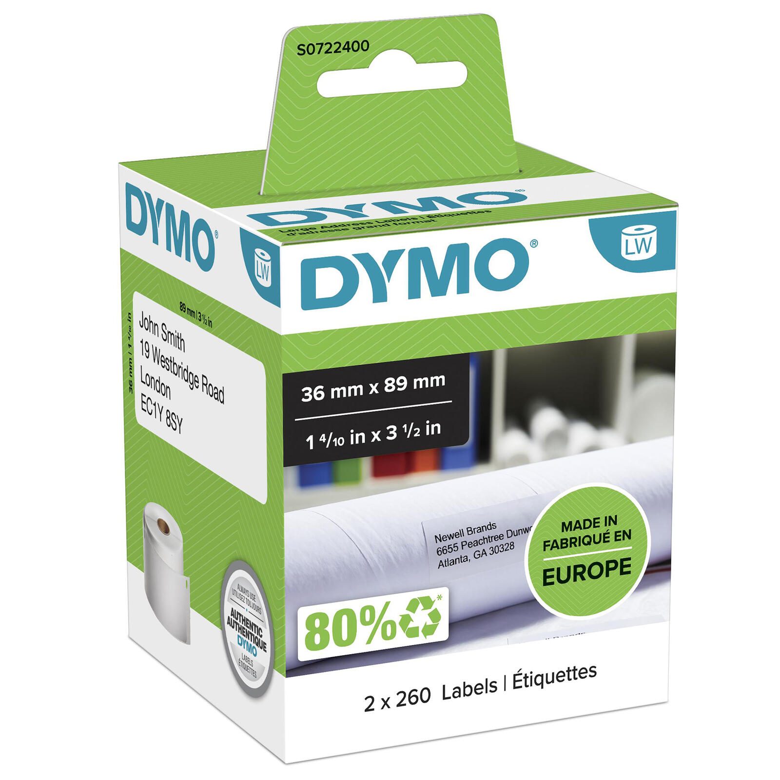 DYMO® Original Etikett für LabelWriter™, Adressen - weiss - permanent haftend, 2 x 260 Etiketten S0722400