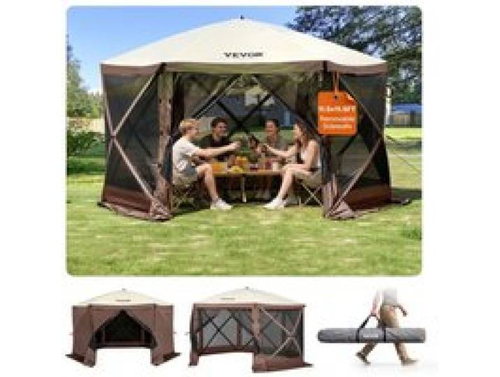 VEVOR Pop-Up-Pavillonzelt, Pop-Up-Zelt mit 6-seitigem Baldachin, Sonnenschutz mit 6 abnehmbaren Sichtschutz-Windtüchern und Netzfenstern, 3,5 x 3,5 m, Schnellaufbau-Zelt mit Moskitonetz, braun