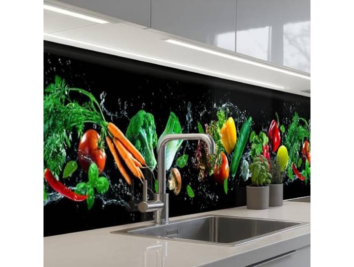 KitchenYeah© Küchenrückwand Selbstklebend Küchenspritzschutz Rückwand 60x400 cm - Wandschutz Ohne Bohren Spritzschutz Wand Wandverkleidung Gemüse - Spritzer - Schwarz
