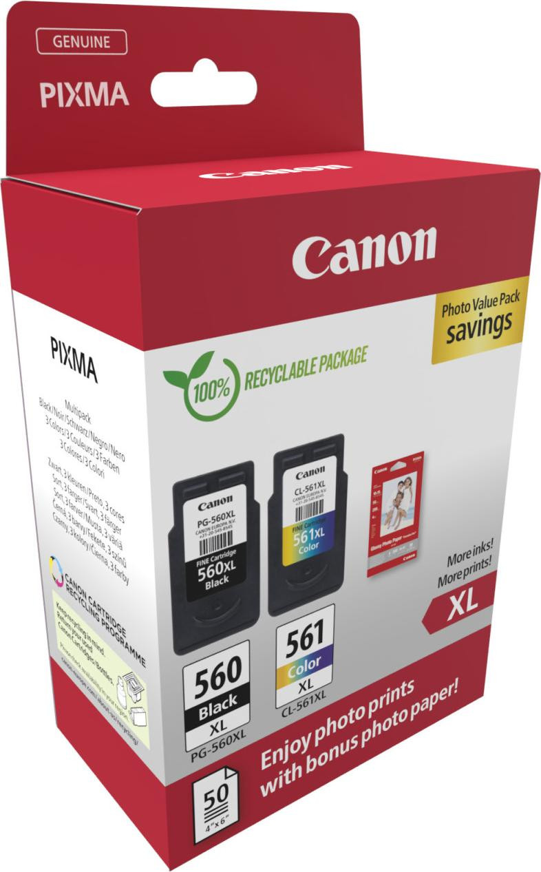 Canon PG-560XL + CL-561XL set met zwarte en gekleurde inktcartridges en fotopapier