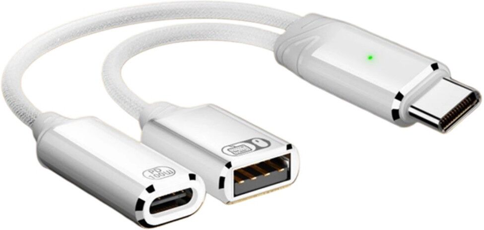 INF Câble adaptateur Type-C 2-en-1 15cm pour casque USB et charge PD, aluminium tressé, OTG USB-A Blanc