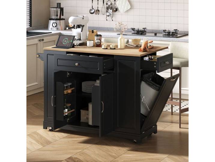 ilot central cuisine à roulettes avec iroirs et compartiment poubelle Table de cuisine mobile pourcoin repas extensible Noir