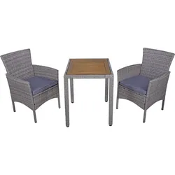 Garden Pleasure Balkon-Set DAKOTA, Tisch 70 x 60 + 2 Sessel, Polyrattan Hellgrau / Akazie / Kissen 100 % Polyester Grau