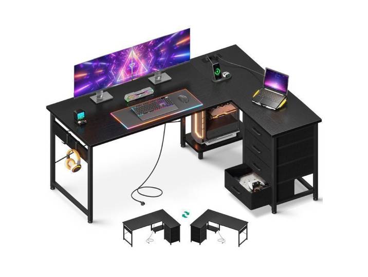 Bureau d'Angle avec 4 Tiroirs Coleshome Bureau en L Réversible avec Prises/USB pour Domicile 135x100cm Noir