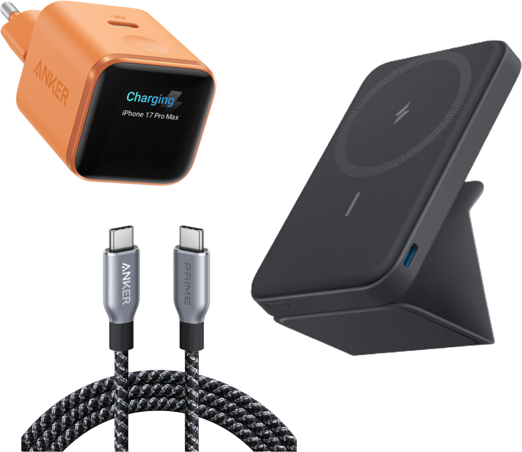eufy Anker Nano Ladegerät. (45W, Smart Display) mit Magnetische Kabellose Powerbank (MagGo) und Anker Prime USB-C auf USB-C Kabel (1,8m, 240W, Upcycled-Flechtdesign)