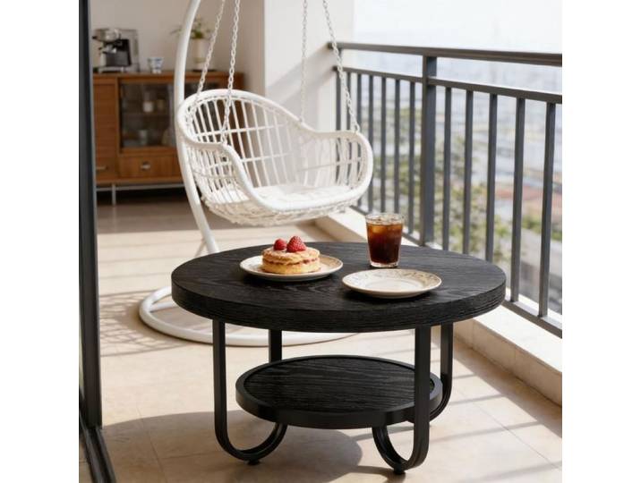 Table Basse Ronde - BELLEMAVE - Table Basse en Bois Double étage - Pieds en Métal - Table de Salon - Ø79 8 x H44 8 cm - Noir