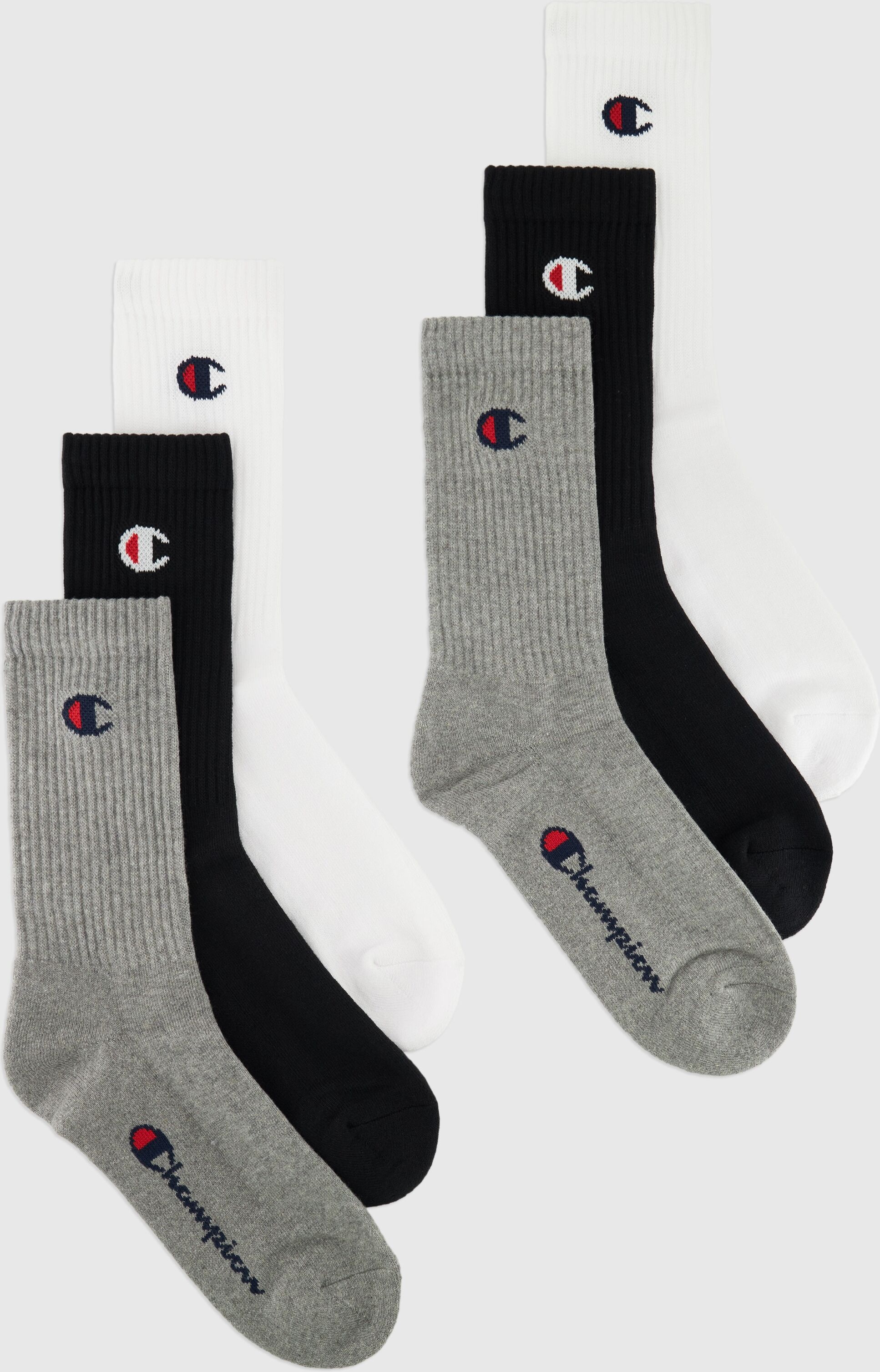 Tennissocken CHAMPION, Damen, Gr. 35-38, schwarz-weiß (2x grau, 2x weiß, 2x schwarz), Obermaterial: 100% Baumwolle, Socken Tennissocken, 6er-Pack, sportliche Tennissocken, mit Logoschriftzügen, aus Baumwolle