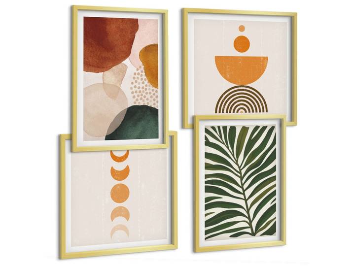 BILDER SET 4er Set - 50x50 cm & 40x60 cm Goldrahmen - Abstrakte Blattformen