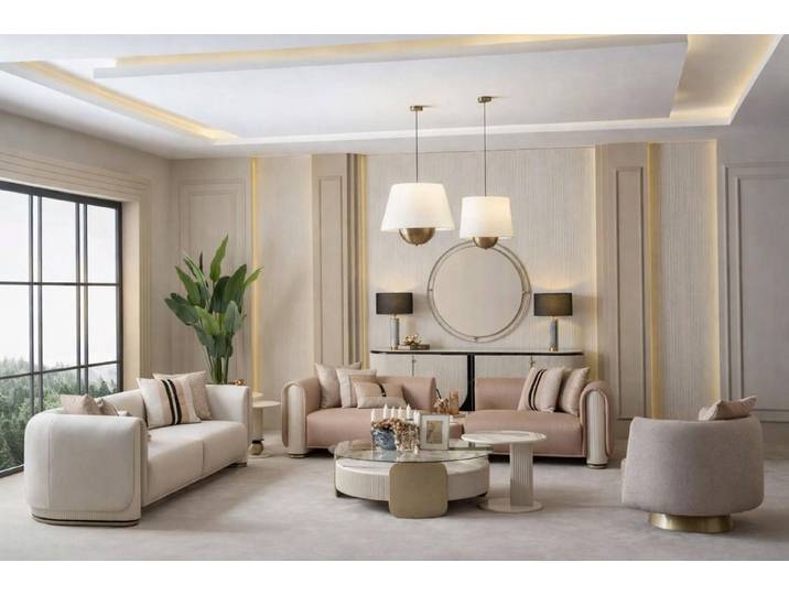JVmoebel Polstergarnitur Stilvolles Beiges Wohnzimmer Set Designer 3-Sitzer Textilsessel Tisch, (7-tlg), Made in Europa