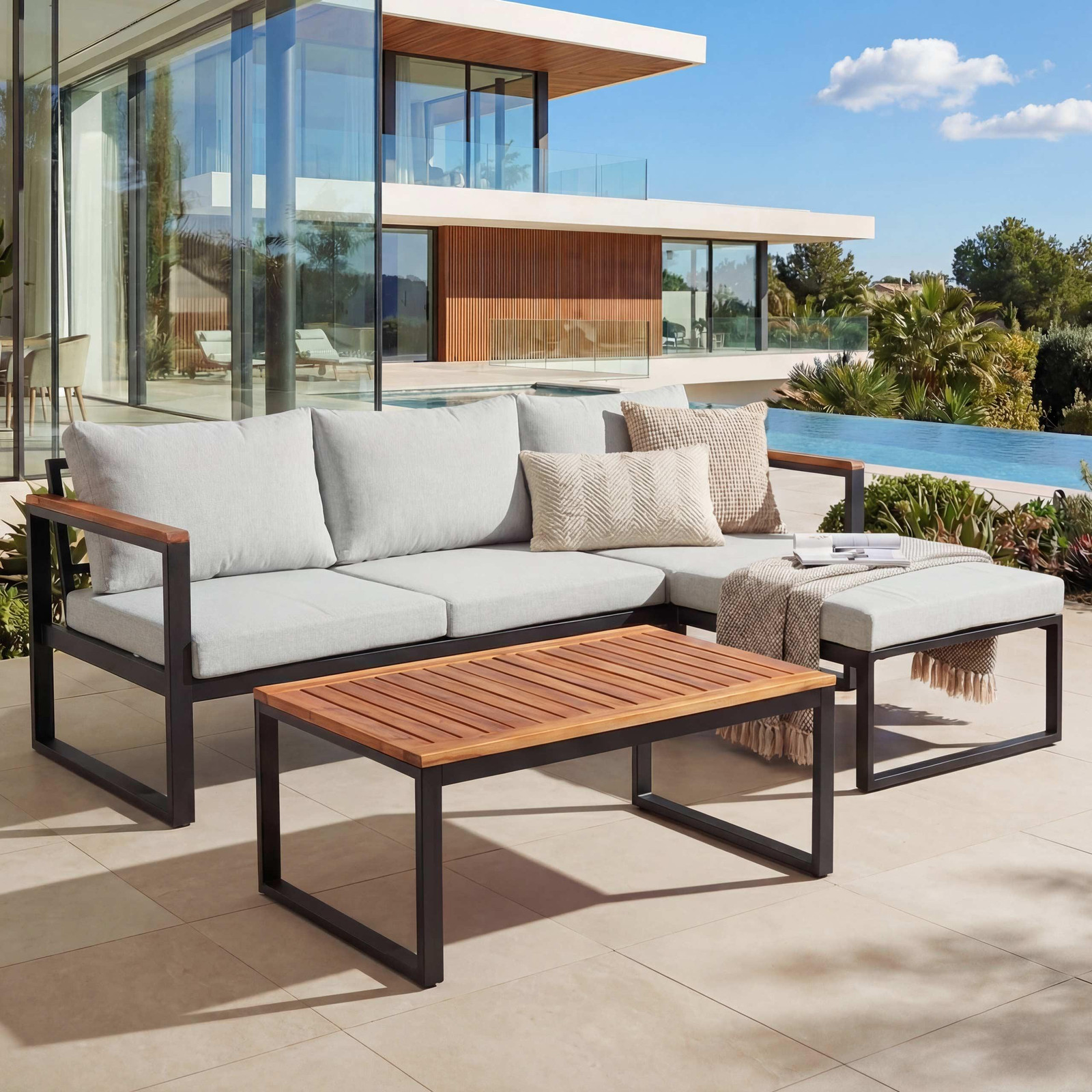 Mendler Tuinset HWC-L26b loungeset met loungebank en ottoman, aluminium en acaciahout, lichtgrijs
