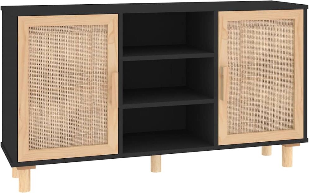 vidaXL Buffet Noir 105x30x60 cm Bois de pin massif et rotin naturel