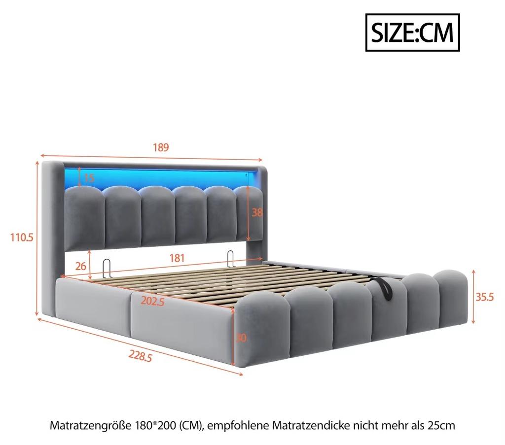 Samtbett - Doppelbett 180x200 cm - Hydraulischer Stauraum - Versteckter Stauraum im Kopfteil - Knopfsteppung - Lattenrost - Grau