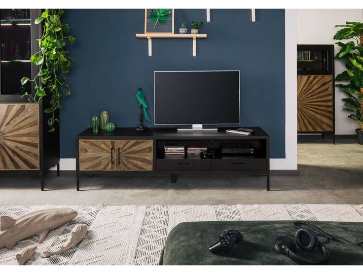 Meuble TV en bois de manguier et de bois de palissandre laqué noir et brun SUN#106