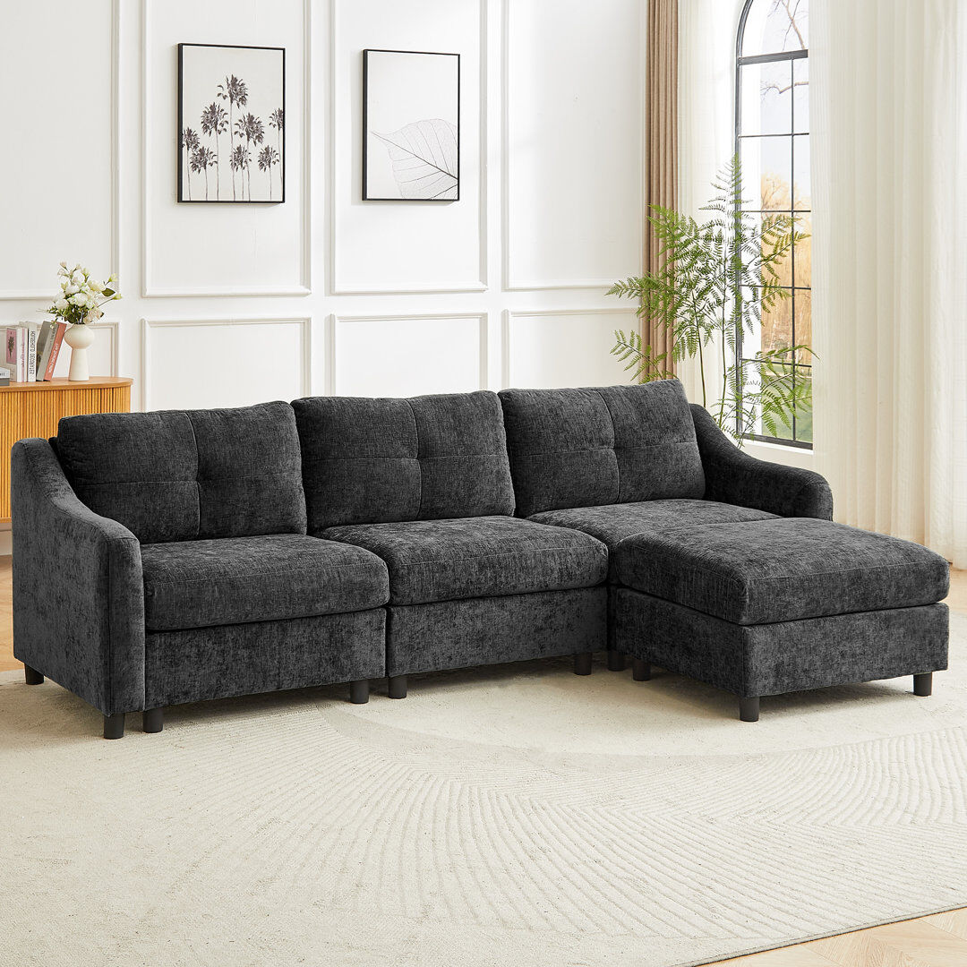 Fjørde & Co Modern Chenille L-Shaped 3 Seater Sofa With Removable Ottoman Grey 85cm H X 251cm W X 83cm D