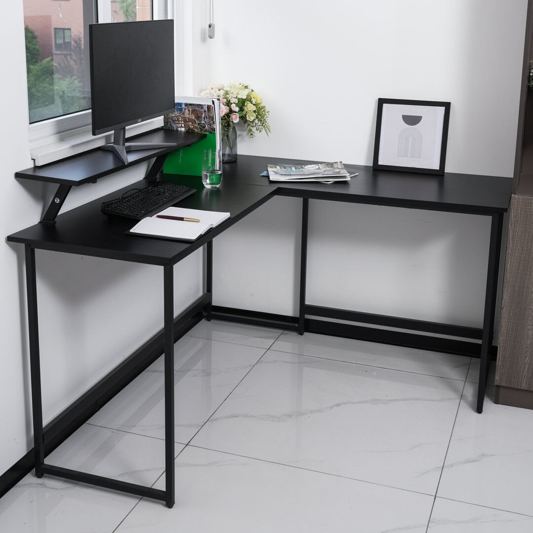Inbox Zero Cadmore L-Shaped Steel Computer Desk Black