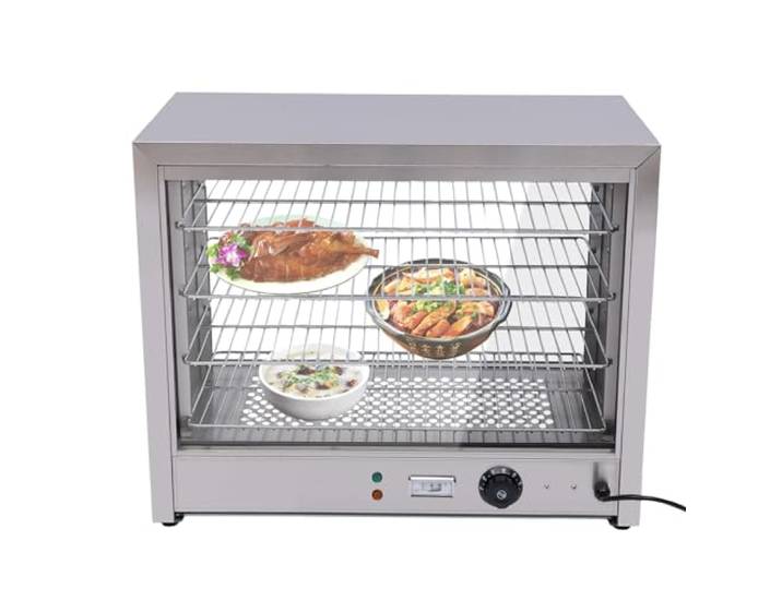 Warmhaltevitrine Gastronomie, 800W 4 Etagen Warmhaltevitrine Leberkäse mit 30 °C Bis 85 °C Temperaturregelung, Heiße Theke Wärmevitrine Warmhaltetheke für Hamburger, Pizza, Brot