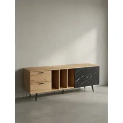 TV-Lowboard mit Eiche-Dekor, Tür und Schubladen, kompakte Aufteilung, Braun-Schwarz/Marmoroptik 150x40x55 cm