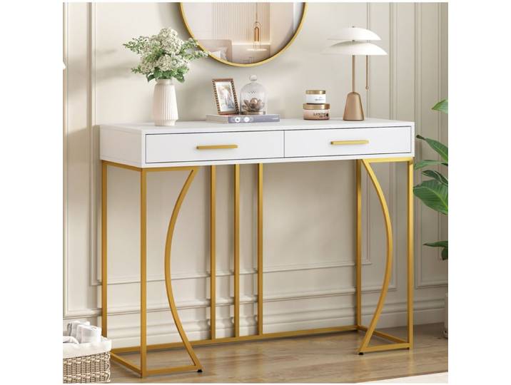 Console d'entrée 110 x 32 x 85 cm à 2 tiroirs MDF et métal blanc et doré