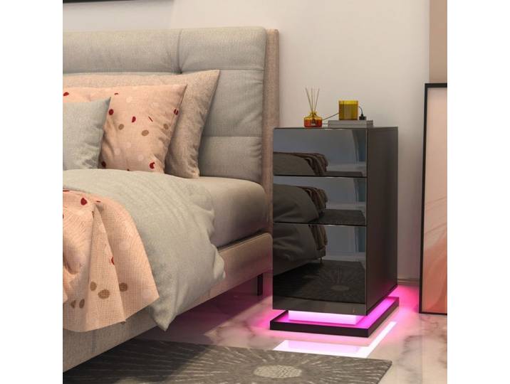 Table de Chevet Étroite avec Éclairage LED Table de Nuit avec Prise et Port USB Chevet de Lit avec 3 Tiroirs Noir LVHCMFOHM