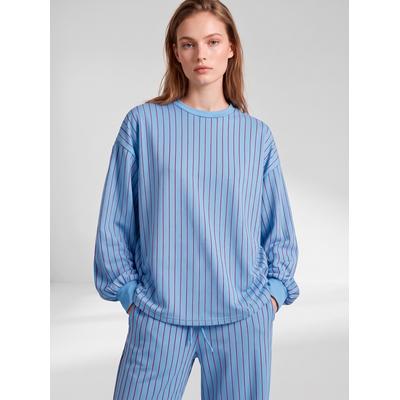 Sweater COPENHAGEN STUDIOS, Damen, Gr. 44/46, blau (blau gestreift), Sweatware, Obermaterial: 48% Polyester, 47% Viskose, 5% Elasthan, gestreift, bequem hüftlang, Rundhals, elastischer Bund, Sweatshirts Sweater, Hochwertige Modal Qualität