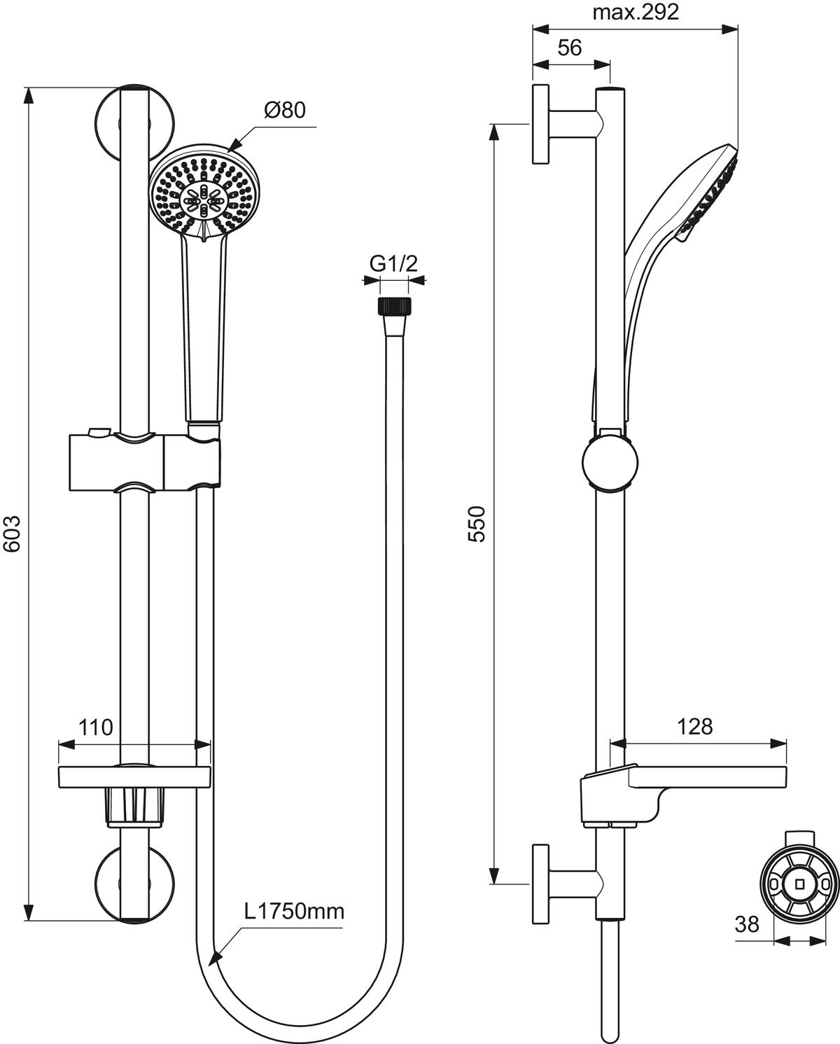 Barre de douche 600 mm IDEALRAIN avec douchette 80 mm et flexible 1750 mm IDEAL STANDARD B9503AA
