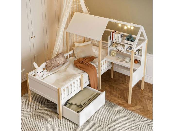 Lit cabane enfant - SOGEU - Lit cabane en L - 90x200 cm - Bois massif - 2 tiroirs roulants