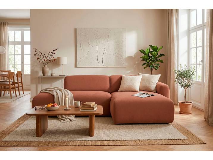 Ecksofa, Chenille, Rot, 222×166 cm, Recamiere Rechts, Skandinavisch, andas