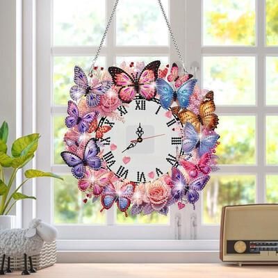 Drop Dash Deals DIY Diamond Painting Clock Pendant Kit Butterfly & Flower Acrylic Hanging Art DIY Diamond Painting Clock Pendant Kit Butterfly & Flower Acrylic Hanging Art