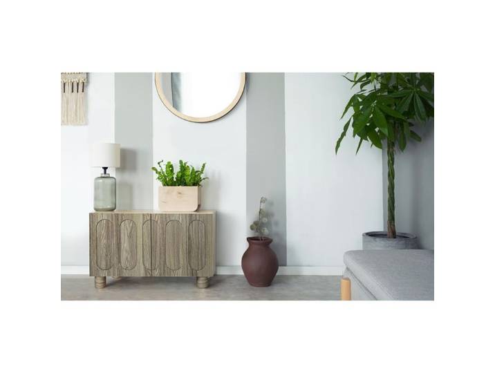 MENZZO Petit buffet rétro-moderne avec portes sculptées Durand L80cm Chêne grisé