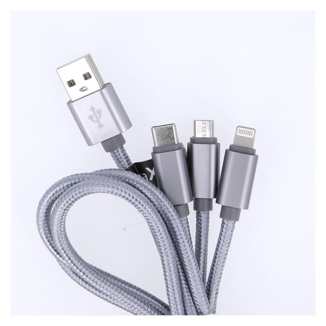Maxlife 3in1 Kabel USB - Lightning + USB-C + microUSB 1,0 m 2,1A grau nylon (1 m, 10 W) (OEM001651)